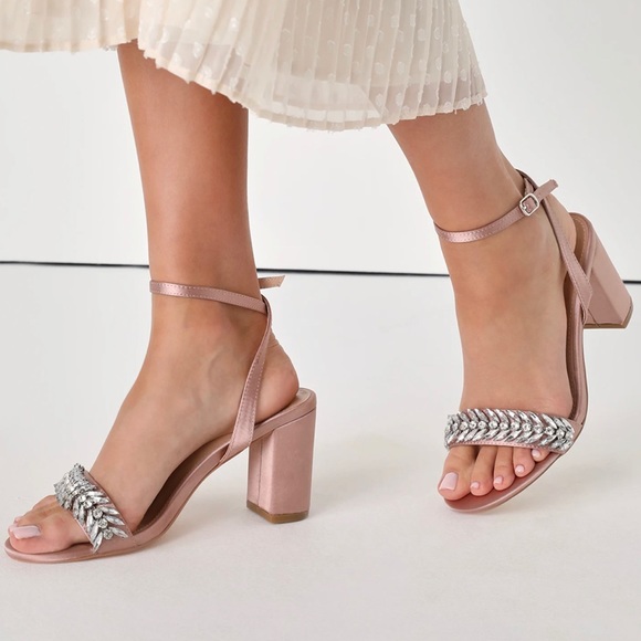 Sulliee Blush Satin Rhinestone Leaf Ankle Strap Heels ~ Block Heels ~ Baby Pink - Picture 7 of 8